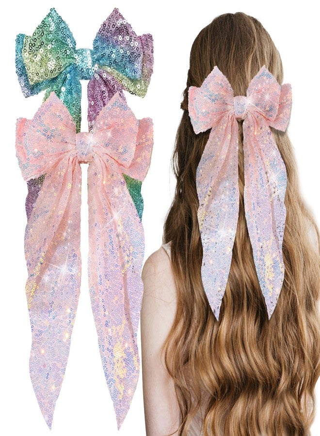 Ninejuize 2Pcs Glitter Hair Big Bows for Women Sequin Hair Bows Clips Sparkly Bowknot Style Barrettes Long Tail Hair Accessories - Image 1